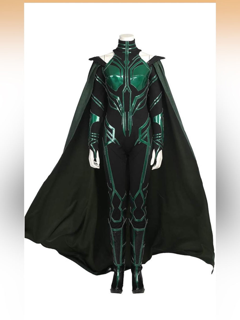 Hela Cosplay Costume Dark Green  Jumpsuit with Cape and Helmet